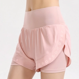 Pink high-waisted double-layer sports shorts for women with side lettering detail