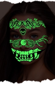 Luminous green skull face tattoo sticker for Halloween party with glowing effect