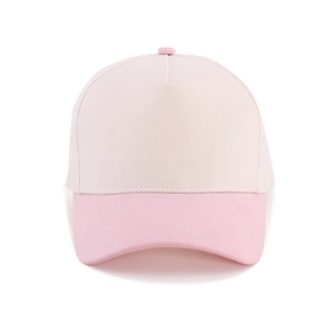 Front detail of five-panel cotton baseball cap with pink color-block and curved brim