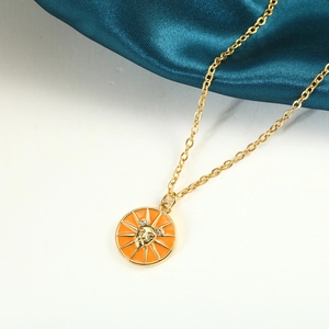 Luxury gold titanium steel zodiac sun pendant necklace with orange enamel detailing