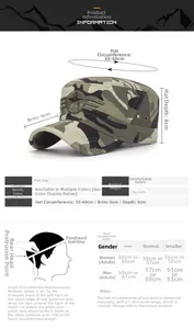 Size chart for outdoor flat top cap showing head circumference measurements and dimensions