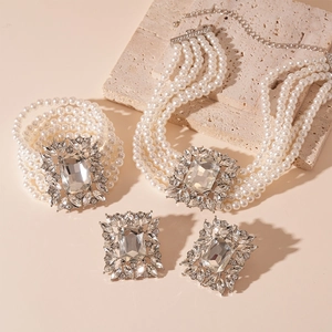 Vintage baroque jewelry set with multi-layer pearls and diamond square crystals