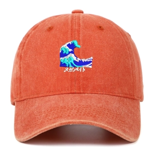 Close-up of wave embroidery and Japanese characters on washed cotton baseball cap