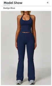 Halter-neck yoga top and high-waist flared pants set in matte badge blue finish