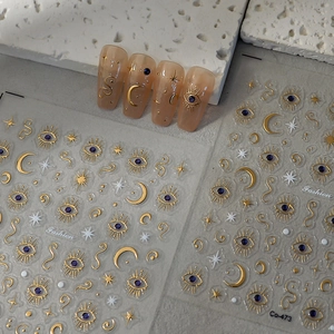 Autocollants ongles 3D avec lune dorée et œil protecteur pour manucure artistique