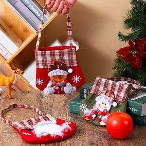 Festive plaid Christmas gift bags with 3D Santa, snowman and reindeer plush characters