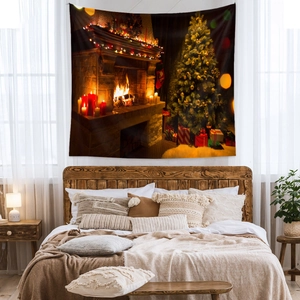 Detailed Christmas wall tapestry featuring a warm fireplace and tree in a bedroom setting