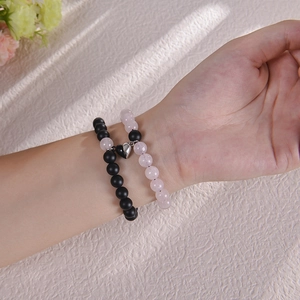 Magnetic heart bracelets with natural stone beads for couples in matte black and pink