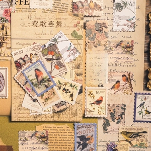 Vintage botanical and bird stamp stickers set for DIY scrapbooking and journal decoration