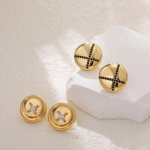 18K gold geometric button earrings featuring micro-set black and clear zircon stones