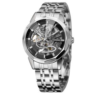 Macro detail of silver stainless steel skeleton watch movement with golden gears