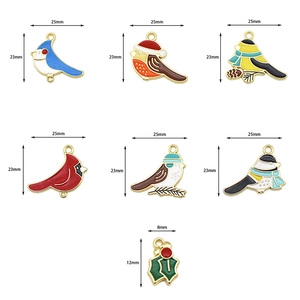 Colorful enamel bird charms set including robin and blue jay with 25mm size details