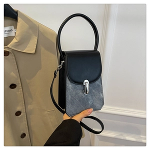 Minimalist PU leather crossbody bag with gray denim patchwork and silver metal buckle