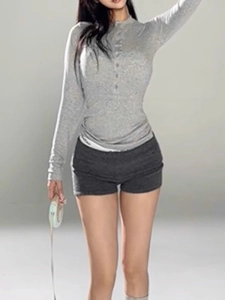 Haut Henley Et Short En Tricot Manches Longues Rayonne Élasthanne Côtelé Slim Fit Rétro Casual Loungewear Gris