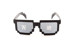 Detail of black mosaic pixel sunglasses with Wu Gan character print on lenses