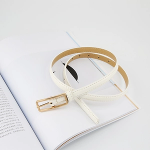 Close-up of white skinny belt with golden rectangular buckle on white background