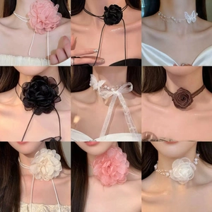 3D Fabric Flower Choker Necklace With Faux Artificial Pearl And Long Ribbon Elegant Sweet Floral Clavicle Chain Jewelry