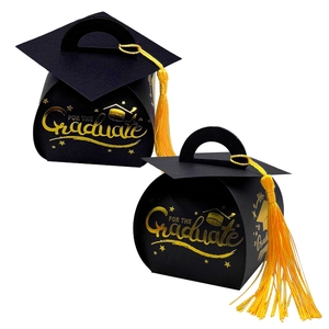 Black graduation cap favor box with gold tassel and foil lettering for grad party gifts