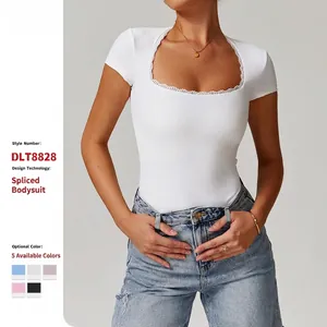 Body Da Donna A Costine Manica Corta Scollo A Quadrato Pizzo Vestibilità Aderente Elastico Abbigliamento Sportivo Base