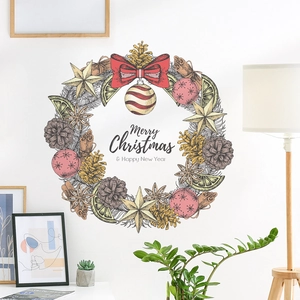 Christmas pine wreath wall sticker with Merry Christmas greeting for home glass decoration