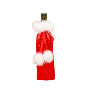 Red sequin Christmas wine bottle cover with white faux fur collar for festive dining table decor