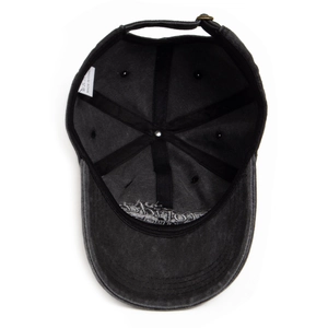 Internal view of a retro washed cotton baseball cap with a metal buckle and sweatband