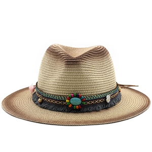 Bohemian woven straw fedora hat with turquoise beads and colorful decorative tassels