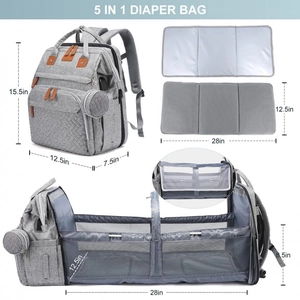 Detailed 5-in-1 diaper bag dimensions showing portable bassinet and changing pad.