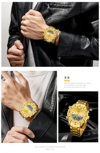 Close-up of gold dual-display quartz watch featuring analog and digital dials with metal band