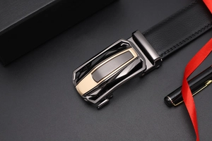 Macro detail of alloy automatic buckle with gun-metal finish and black leather belt