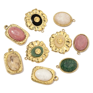 Set of 9 French style gold stainless steel pendants with colorful natural stones and floral designs