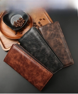 Business style long wallets for men with vintage oil-wax leather texture in three colors