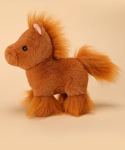 Side view of cute brown stuffed pony plush toy with soft mane and fluffy hooves