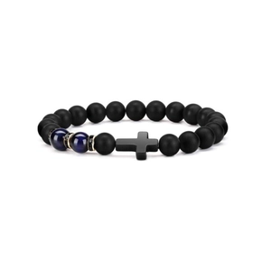 8mm matte black beads bracelet with tiger eye stones and a black cross charm