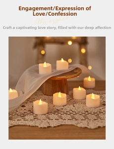 Close-up of LED electronic candles with warm yellow flames on lace for romantic decoration