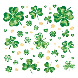 Stickers de fenêtre Saint-Patrick avec trèfles verts et pièces d'or sur fond blanc pur