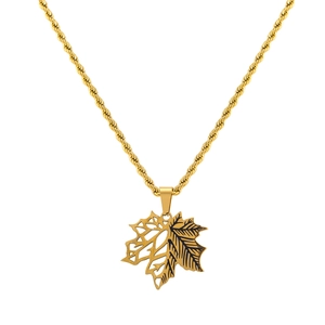 Collar con colgante de hoja de arce de acero inoxidable chapado en oro y cadena de cuerda