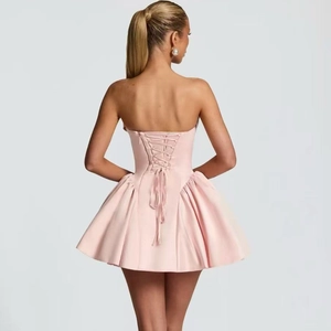 Satin Strapless Mini Dress For Women Tube Top Lace Up Back Puffy Pleated Party Elegant Banquet Short Dresses