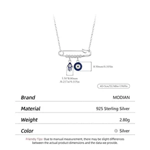 S925 Sterling Silver Hamsa Evil Eye Paperclip Necklace with Blue Enamel Charm for Women