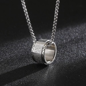 Buddhist Heart Sutra spinning ring pendant necklace in silver stainless steel for men