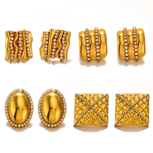 Geometric gold stud earrings set with sparkling zircon stones in four unique vintage patterns