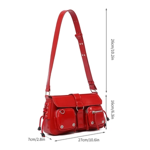 Detailed size specifications of the red multi-pocket buckle baguette shoulder bag