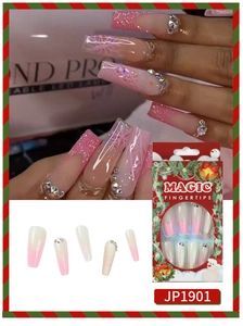 Pink glitter press on nails featuring snowflake patterns and rhinestones set detail
