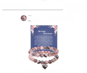 Detailed parameter view of 8mm pink zebra stone beaded bracelets with heart charm