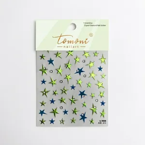 Sparkling crystal nail stickers with green and blue stars design for manicure art
