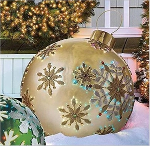 Detail of 60cm golden inflatable Christmas ball with LED lights and snowflake patterns