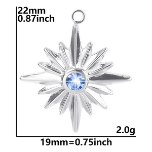 Detailed size chart showing 22x19mm dimensions for silver star pendant with blue gem
