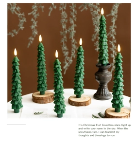 Detailed view of forest green pine tree electric candles on a rustic wood base