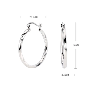 Macro view of S925 silver hollow twisted hoop earrings showing 29.5mm diameter measurements