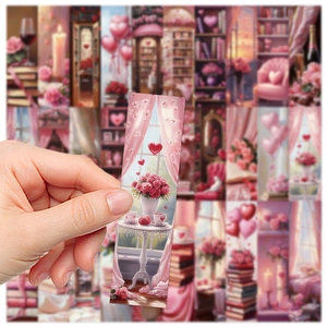 Set of 30 Valentine's Day bookmarks with retro pink floral and heart illustrations
